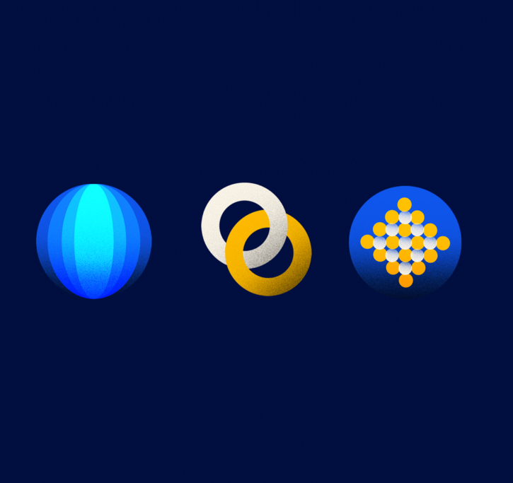 Three images, one of a blue globe, another of two circles partially intersecting each other and the other of a pattern of dots within a blue circle.