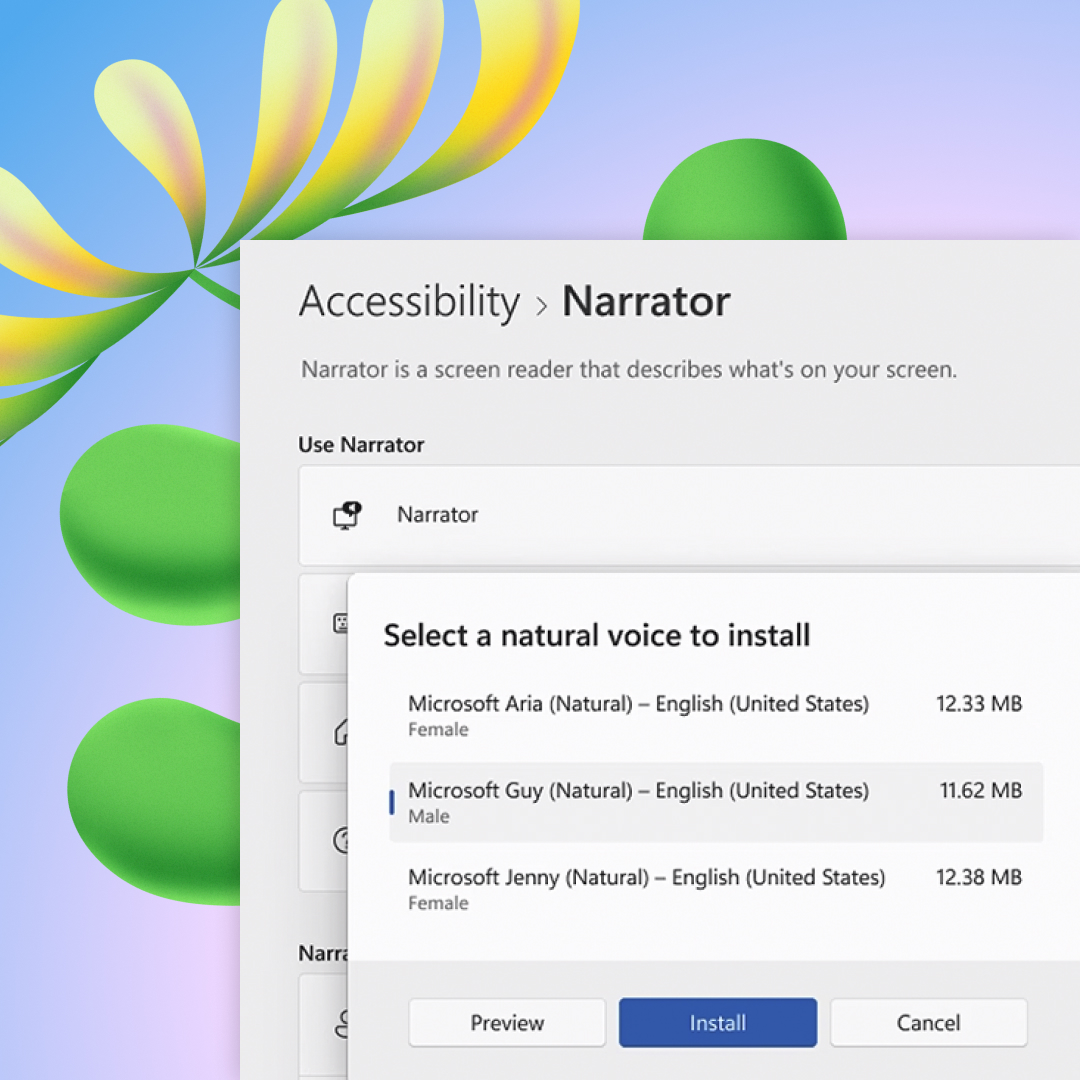 A computer screen displaying the narrator settings window with options to select and install different voice profiles such as microsoft aria, guy, and jenny.