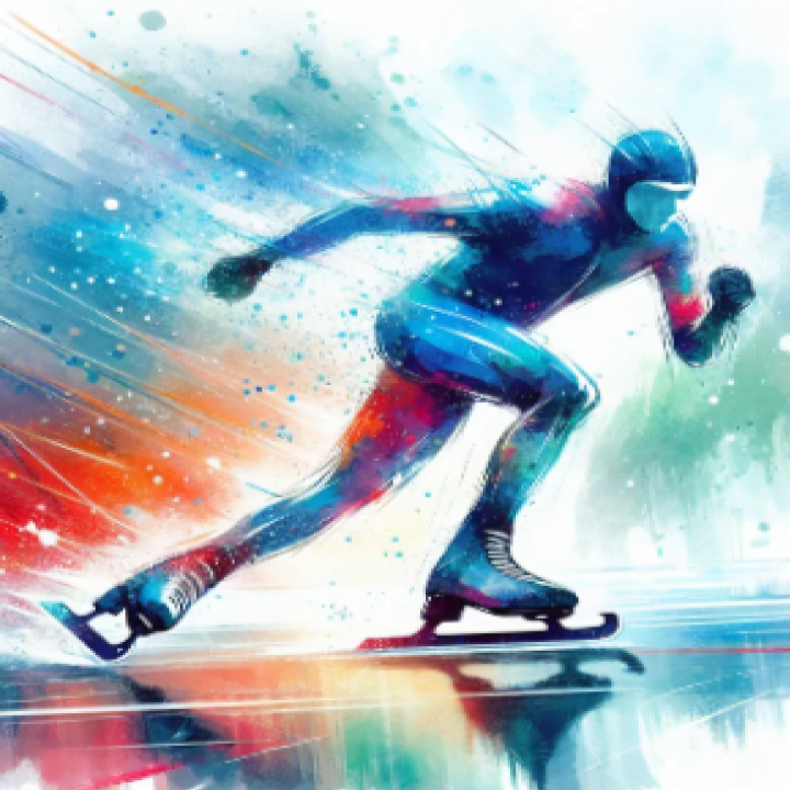 Illustration of a speed skater in a colorful, dynamic style, capturing motion with splashes of blue, red, and orange.