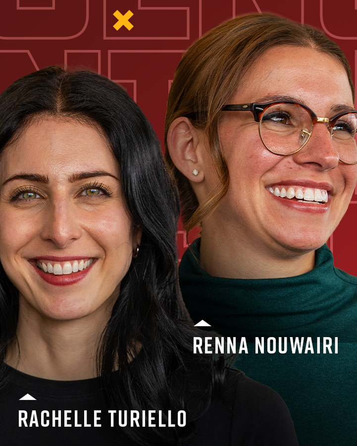 Two women smiling in front of a red background, with text labeling them as Rachelle Turiello and Renna Nouwairi.