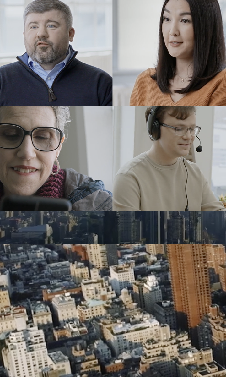 Four diverse people in separate frames are shown talking or interacting, followed by an aerial view of a city with numerous buildings.