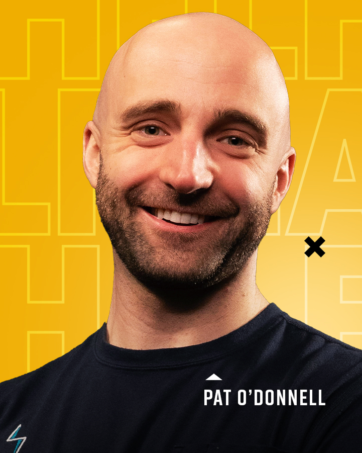 A smiling bald man with a beard and mustache poses in front of a yellow background; text overlay reads "Pat O'Donnell.