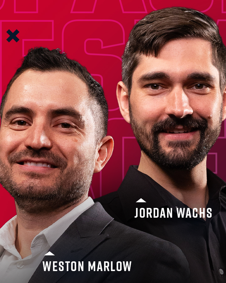 Two men in suits, identified by text as Weston Marlow and Jordan Wachs, pose in front of a red background with graphic elements.