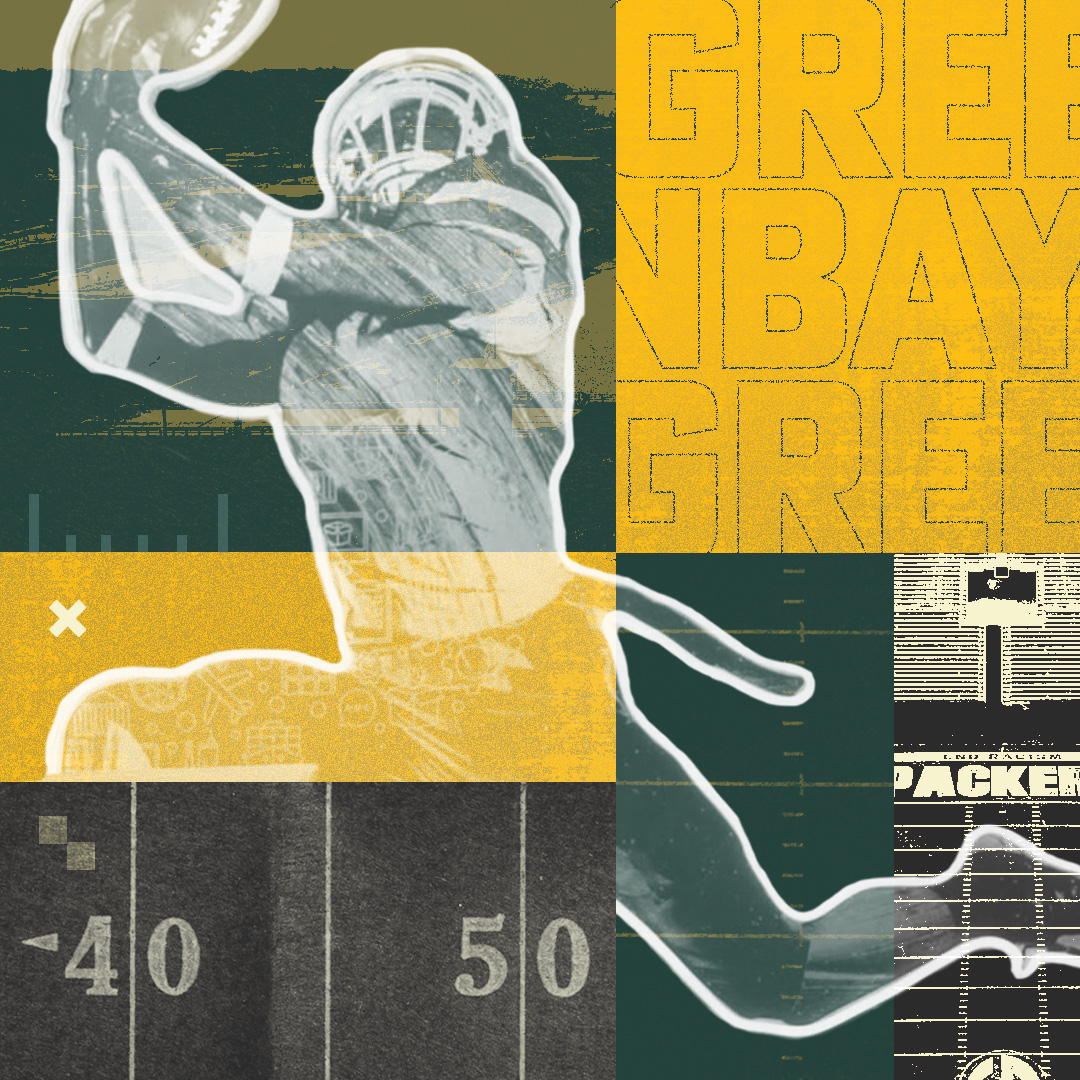 Collage-style artwork featuring a football player catching a ball, with text reading "GREEN BAY" and football field graphics in green and yellow tones.