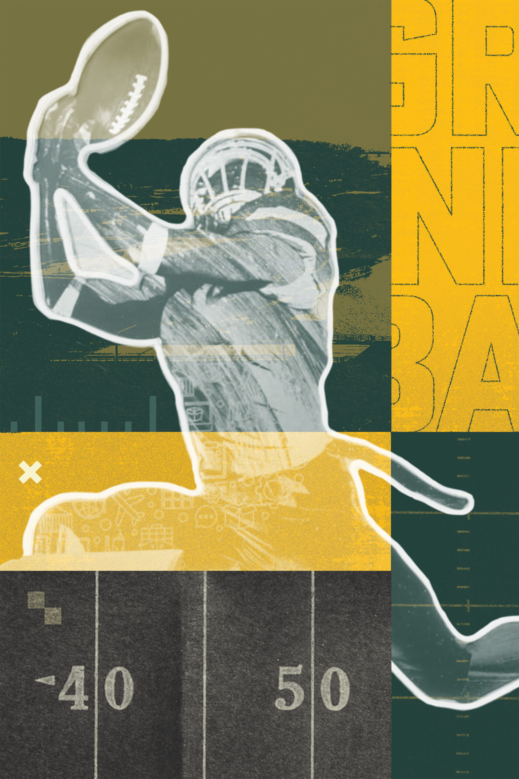 Illustration of an American football player catching a ball over a stylized football field background with the numbers 40 and 50 visible.