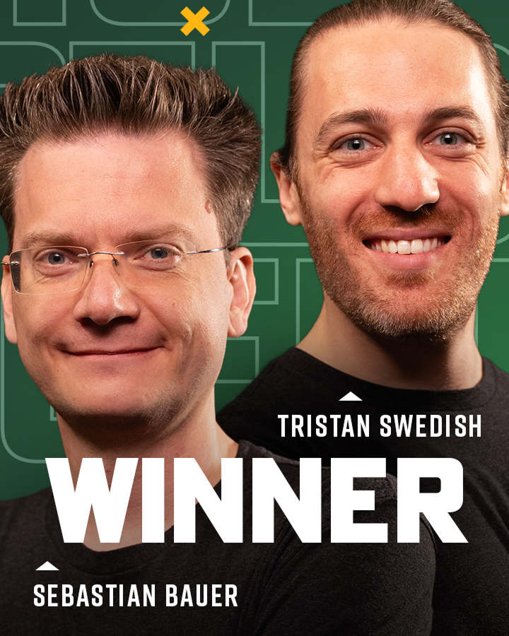 Two men, Sebastian Bauer and Tristan Swedish, are shown smiling in front of a green background with the word "WINNER" written across the image.