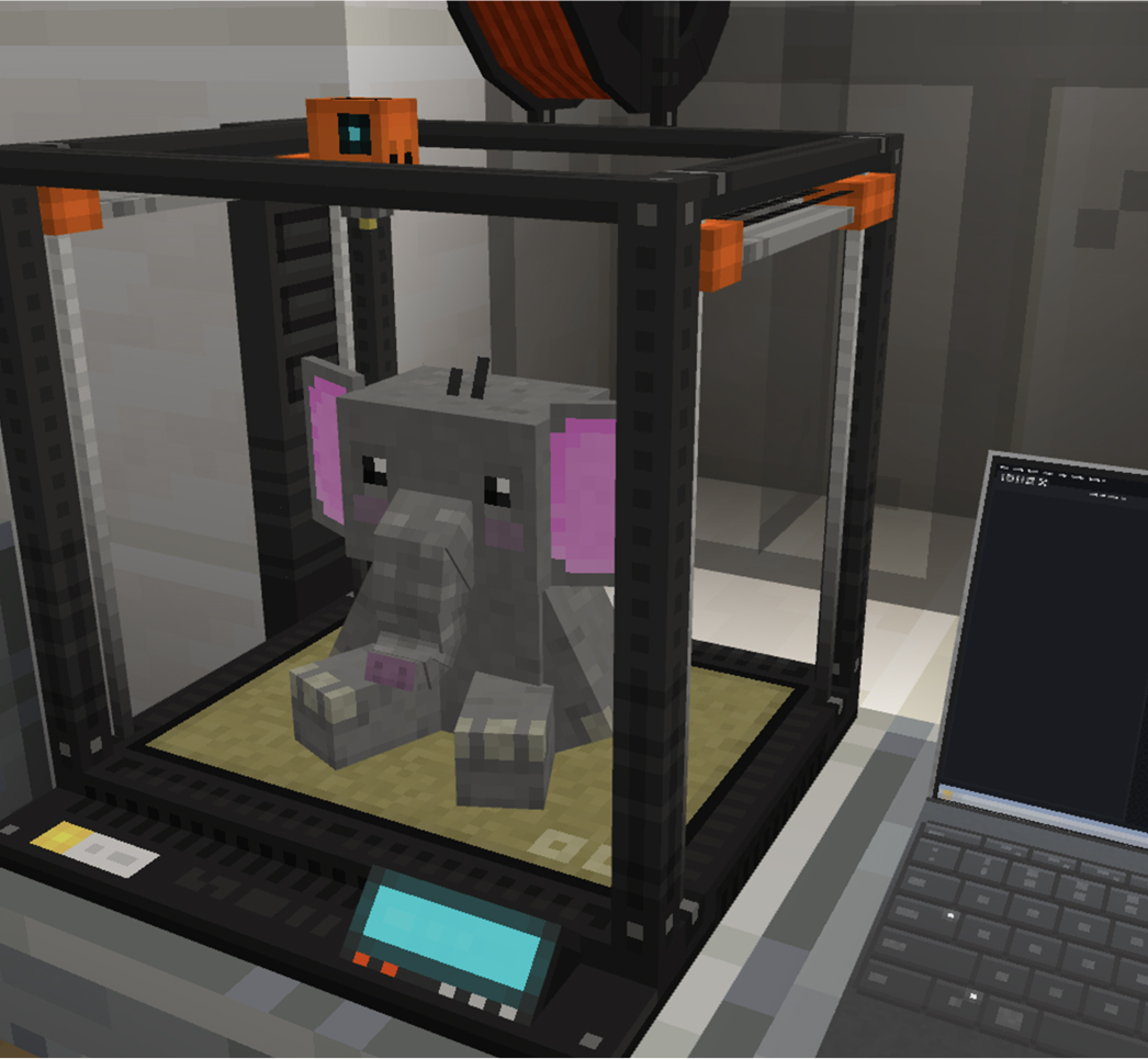 Minecraft Education game scene showing a character standing near a 3D printer