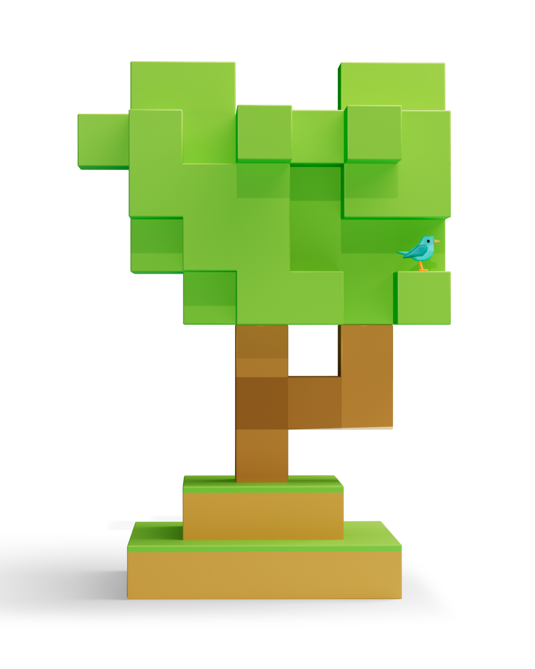 Minecraft, voxel style tree with a blocky trunk, wide green canopy, resembling an oak tree