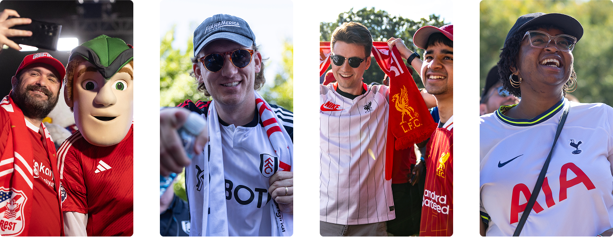 Four images show soccer fans wearing different team jerseys and scarves, smiling and posing outdoors; teams represented include Nottingham Forest, Fulham, Liverpool, and Tottenham.