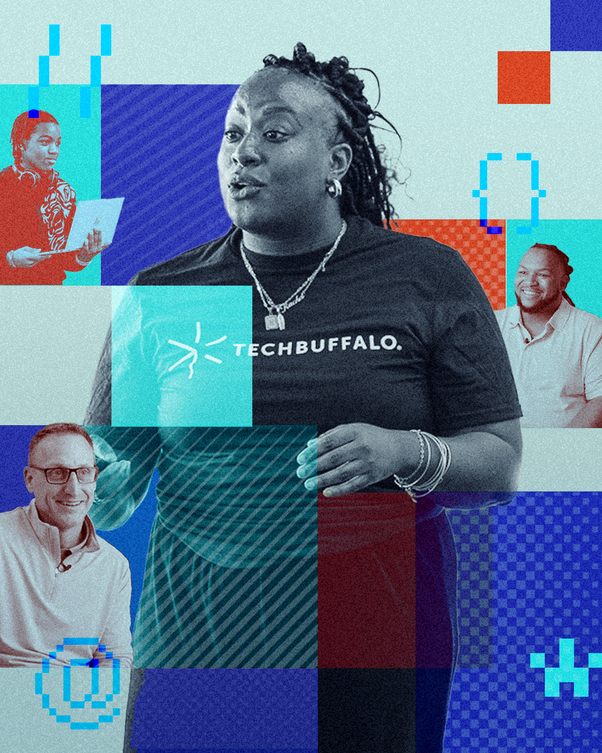 A person wearing a "TECHBUFFALO." t-shirt speaks, with three other people shown in separate colored frames, all against a digitally designed background.