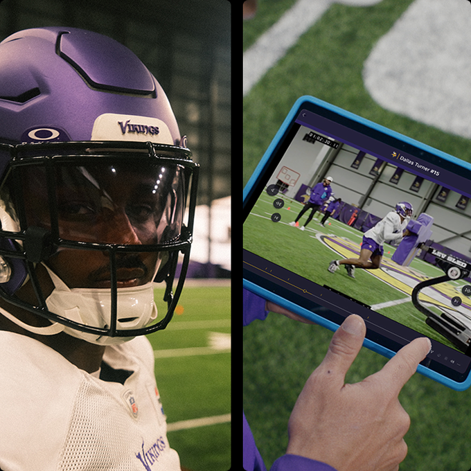 A football player in a purple helmet looks at the camera on the left, while on the right, a person’s hand holds a tablet displaying a training video of players practicing indoors.