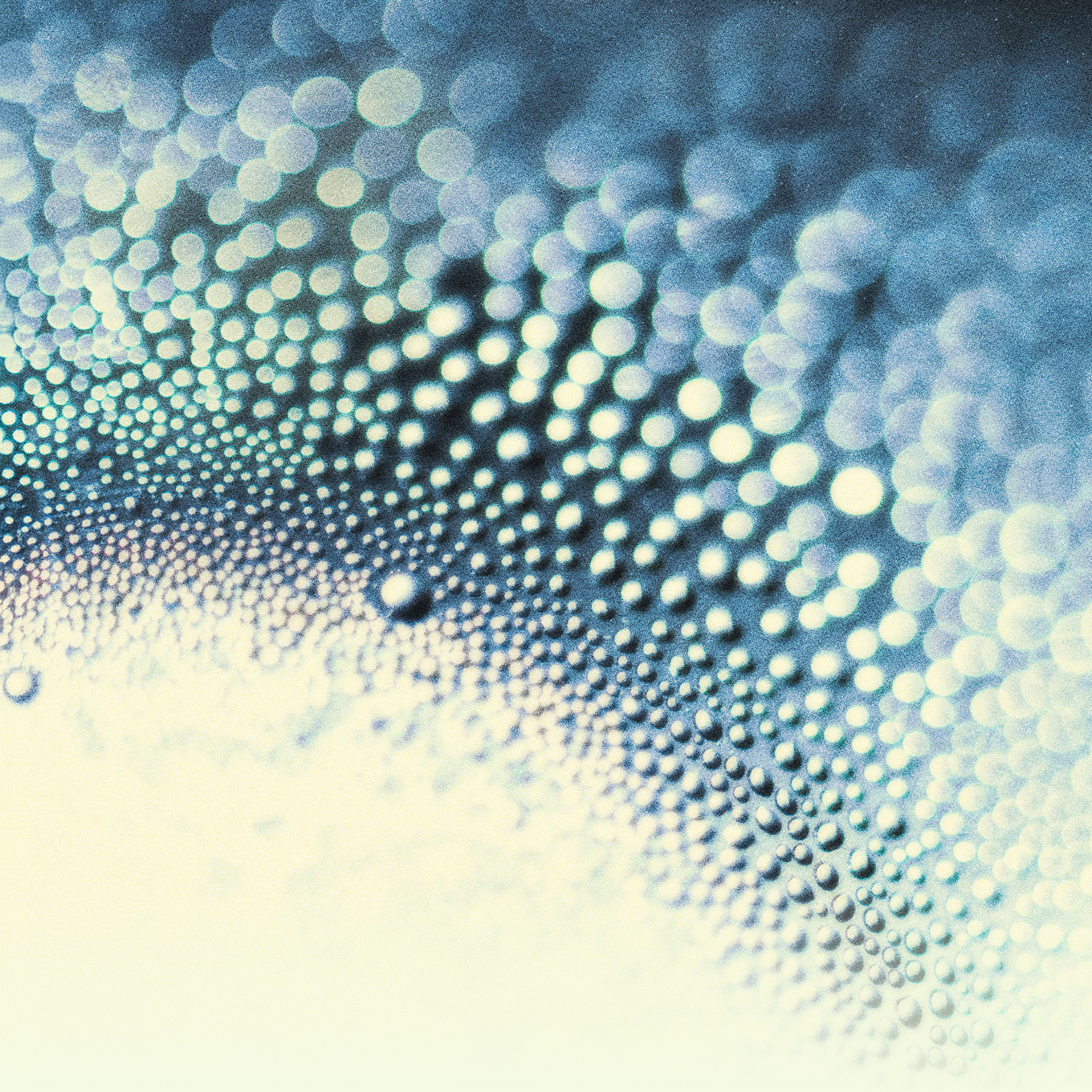 Abstract macro photograph of countless spherical droplets or bubbles arranged in flowing wave-like patterns, rendered in shades of blue, teal, and white with a depth-of-field blur effect.